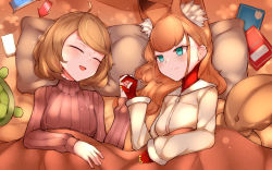 Rule 34 | 2girls, :d, absurdres, ahoge, andou inari, animal ear fluff, animal ears, arrow (symbol), bed sheet, blue eyes, breasts, brown hair, brown sweater, cellphone, character request, choumi wuti (xueye fanmang zhong), closed eyes, closed mouth, commentary request, fox ears, highres, holding hands, jacket, long hair, long sleeves, lying, medium breasts, multiple girls, nijisanji, on back, on side, open mouth, phone, pillow, ribbed sweater, smile, sweater, under covers, virtual youtuber, virtuareal, vr link, white jacket