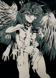Rule 34 | 1girl, black blood, blood, blood on body, blood on face, blood on hands, body horror, breasts, completely nude, cropped legs, happy saint sheol, highres, horizontal pupils, ink, looking at viewer, maya elbeth, medium breasts, medium hair, monochrome, multiple hands, nude, smile, solo, unknown sakaki, wings