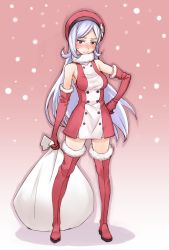 Rule 34 | 10s, 1girl, adapted costume, aila jyrkiainen, blue eyes, boots, breasts, elbow gloves, fur boots, fur trim, gloves, gundam, gundam build fighters, hand on own hip, hat, highres, long hair, looking at viewer, matsuryuu, red footwear, red gloves, red thighhighs, sack, santa boots, silver hair, solo, thigh boots, thighhighs, white gloves, zettai ryouiki