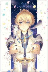 Rule 34 | &gt;:), 1boy, absurdres, aiguillette, animal, animal on shoulder, black shirt, blonde hair, blue eyes, blue necktie, blue ribbon, buttons, collared jacket, collared shirt, confetti, dated, diamond button, double-breasted, ferret, gold trim, hair between eyes, happy birthday, highres, hiyamaru, holostars, jacket, kishido temma, lapels, light blush, long sleeves, looking at viewer, male focus, minakami hiro, necktie, outside border, peaked lapels, reaching, ribbon, shirt, short hair, sky, sleeve cuffs, smile, solo, star (sky), starry sky, straight-on, sword, tie clip, upper body, v-shaped eyebrows, virtual youtuber, weapon, white background, white jacket