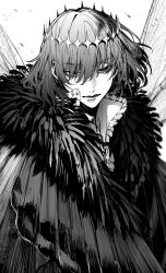 Rule 34 | 1boy, :|, alternate hair color, arthropod boy, au (d elete), black hair, cape, closed mouth, collared shirt, crown, dark persona, diamond hairband, expressionless, fate/grand order, fate (series), fur collar, fur trim, grey hair, greyscale, highres, insect wings, long sleeves, looking at viewer, medium hair, monochrome, oberon (fate), oberon (third ascension) (fate), official alternate costume, shirt, signature, solo, spoilers, twitter username, upper body, white shirt, wings