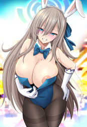 Rule 34 | 1girl, animal ears, areola slip, asuna (blue archive), asuna (bunny) (blue archive), bare shoulders, blue archive, blue eyes, blue leotard, blurry, blurry background, blush, bow, bowtie, breasts, cleavage, clenched teeth, detached collar, eyes visible through hair, fake animal ears, gloves, hair between eyes, hair over one eye, halo, hand on own hip, harukigenia, headband, highleg, highleg leotard, highres, huge breasts, large breasts, leotard, leotard pull, light brown hair, long hair, looking at viewer, mole, mole on breast, official alternate costume, open mouth, pantyhose, playboy bunny, solo, teeth, thighs, traditional bowtie, very long hair, white gloves, white headband
