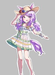 Rule 34 | 1girl, animal ears, arm up, bare shoulders, brown hat, commentary request, dress, ears through headwear, feet out of frame, grey background, hand on headwear, hat, highres, horse ears, horse girl, horse tail, jambujok, mejiro mcqueen (ripple fairlady) (umamusume), mejiro mcqueen (umamusume), outline, see-through, simple background, single wrist cuff, solo, standing, sun hat, tail, umamusume, white dress, white outline, wrist cuffs
