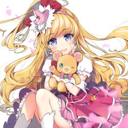 Rule 34 | 1girl, asahina mirai, bad id, bad pixiv id, bear, blonde hair, blue eyes, blush, bow, creature, cure miracle, earrings, gloves, hair bow, hairband, half updo, hat, holding, jewelry, kurosawalena, long hair, looking at viewer, magical girl, mahou girls precure!, mini hat, mini witch hat, mofurun (mahou girls precure!), necomi, one eye closed, pink hat, pink skirt, ponytail, precure, red bow, skirt, smile, solo, star (symbol), star in eye, symbol in eye, white background, white gloves, witch hat