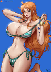 1girl bikini breasts brown_eyes cleavage kyopink large_breasts long_hair nami_(one_piece) one_piece orange_hair side-tie_bikini_bottom swimsuit tattoo