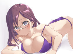 Rule 34 | 1girl, aimobake, bad id, bad twitter id, blush, bra, breasts, brown hair, cleavage, closed mouth, commentary, frown, glasses, gradient background, grey-framed eyewear, grey eyes, highres, idolmaster, idolmaster cinderella girls, lace, lace-trimmed bra, lace trim, large breasts, looking at viewer, medium hair, panties, purple bra, purple panties, solo, strap slip, swept bangs, top-down bottom-up, underwear, underwear only, white background, yagami makino