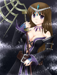 Rule 34 | 1girl, :p, belt, breasts, brown hair, choker, crystal, detached sleeves, diadem, fantasy earth zero, jewelry, long hair, medium breasts, necklace, purple eyes, shimo (depthbomb), solo, tongue, tongue out