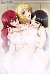Rule 34 | 10s, 3girls, :d, :p, absurdres, ahoge, alternate hairstyle, angelise ikaruga misurugi, antenna hair, arm around neck, arm around waist, armpits, ass, ass grab, bathing, black hair, blonde hair, blue eyes, blunt bangs, blush, grabbing another&#039;s breast, breast press, breasts, completely nude, convenient censoring, cowboy shot, cross ange, eye contact, female focus, fff threesome, foam, friends, from behind, from side, girl sandwich, grabbing, groin, group sex, hair between eyes, hair down, head tilt, highres, hilda (cross ange), hime cut, hug, hug from behind, indoors, large breasts, long hair, looking at another, looking back, megami magazine, multiple girls, naughty face, navel, nude, official art, open mouth, parted bangs, pink eyes, purple eyes, red hair, salamandinay, sandwiched, scan, shiny skin, short hair, sidelocks, smile, soap bubbles, soap censor, steam, steam censor, threesome, tongue, tongue out, topless, torso grab, very long hair, wavy hair, yoshikawa hiroaki, yuri