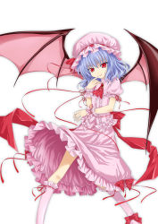 Rule 34 | 1girl, :q, ascot, bat wings, blue hair, bow, brooch, dress, female focus, hat, highres, hika (cross-angel), jewelry, red eyes, remilia scarlet, solo, tongue, tongue out, touhou, wings, wrist cuffs