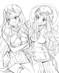 Rule 34 | 2girls, armor, black hair, blush, braid, breasts, cleavage, cleavage cutout, clothing cutout, crossed arms, dress, earrings, fan la norne, french braid, gem, greyscale, hair ornament, hair ribbon, headpiece, jewelry, large breasts, long hair, looking at viewer, misu kasumi, monochrome, multiple girls, mythra (xenoblade), nervous, nintendo, open mouth, ribbon, short hair, simple background, sitting, sketch, smile, swept bangs, thigh strap, thighs, tiara, tsundere, very long hair, white background, xenoblade chronicles (series), xenoblade chronicles 2, xenoblade chronicles 2: torna - the golden country