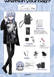 Rule 34 | 1girl, backpack, bag, black footwear, black jacket, black pants, blue eyes, blue hair, boots, cellphone, chibi, chibi inset, chihuri, closed mouth, collared shirt, commentary request, dress shirt, earbuds, earphones, earrings, ende (chihuri), english text, hair between eyes, hand mirror, hand up, highres, jacket, jewelry, long hair, looking at viewer, mirror, multiple views, off shoulder, open clothes, open jacket, original, pants, phone, print shirt, ring, shirt, smile, standing, stud earrings, translation request, white shirt
