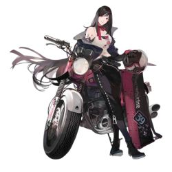 Rule 34 | 1girl, ankle boots, arm tattoo, biker clothes, black footwear, black hair, black jacket, boots, breasts, cleavage, closed mouth, cover, unworn eyewear, fake cover, full body, girls&#039; frontline, gloves, unworn headwear, helmet, unworn helmet, jacket, long hair, looking at viewer, medium breasts, motor vehicle, motorcycle, navel, neck ribbon, nineo, official alternate costume, official art, open clothes, open jacket, pzb39 (girls&#039; frontline), pzb39 (raging rider) (girls&#039; frontline), red eyes, red ribbon, ribbon, smile, solo, standing, star (symbol), sunglasses, sweat, tattoo, transparent background, very long hair, zipper