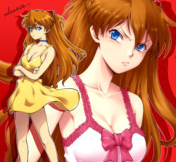 Rule 34 | 00s, 1girl, angry, armpits, bare shoulders, bow, breasts, brown hair, casual, cleavage, collarbone, crossed arms, dress, dual persona, female focus, frown, hairu, long hair, neon genesis evangelion, rebuild of evangelion, red background, souryuu asuka langley, standing, tsundere, yellow dress