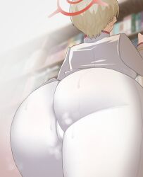 Rule 34 | 1girl, artist request, ass, ass focus, blonde hair, blue archive, breasts, cameltoe, from behind, from below, halo, huge ass, large breasts, marina (blue archive), military, military uniform, pants, short hair, sideboob, solo, sweat, tight clothes, tight pants, uniform
