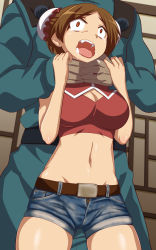Rule 34 | 10s, 1boy, 1girl, akame ga kill!, asphyxiation, belt, breasts, brown hair, bun cover, character request, cleavage, cleavage cutout, clothing cutout, constricted pupils, crop top, dark skin, denim, denim shorts, fangs, foaming at the mouth, groin, highres, midriff, navel, nounai zayaku, open mouth, orange eyes, saliva, short hair, short shorts, shorts, strangling, tears, tongue, tongue out