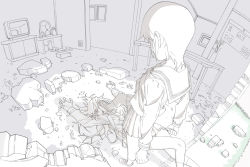 Rule 34 | 2girls, bad id, bad pixiv id, beating, debris, fisheye, flower, foot on head, grass, lineart, long hair, lying, monochrome, multiple girls, o0o, on floor, perspective, red eyes, room, roomscape, ruins, school uniform, serafuku, short hair, spot color, stepped on, television, vacuum cleaner, wall