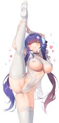 Rule 34 | 1girl, :3, absurdres, areola slip, arms up, ass, breasts, cameltoe, choker, cleft of venus, closed mouth, commission, covered navel, cowboy shot, feet, flower, frilled choker, frilled leotard, frills, hair flower, hair ornament, heterochromia, highleg, highleg leotard, highres, hop3, horns, kneepits, large breasts, leg hold, leg hold pose, leg lift, leg up, leotard, long hair, looking at viewer, no shoes, original, purple hair, red eyes, revealing clothes, ruthenium77&#039;s character, second-party source, see-through, short sleeves, simple background, skindentation, smile, soles, solo, split, standing, standing on one leg, standing split, thighhighs, thighs, toes, twintails, underboob, very long hair, white background, white leotard, white thighhighs, yellow eyes