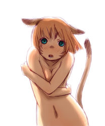 Rule 34 | 00s, 1girl, :o, animal ears, aqua eyes, blush, breasts, cat ears, cat tail, covering privates, covering breasts, face, facial mark, final fantasy, final fantasy xi, mithra (ff11), navel, nucomas, nude, nude cover, orange hair, short hair, solo, tail