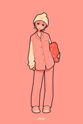 Rule 34 | 1girl, absurdres, beanie, hat, highres, holding, holding pillow, long sleeves, looking at viewer, miyoshi yoshimi, original, pants, pillow, pink background, pink eyes, pink footwear, pink hair, pink pants, pink shirt, pink theme, shirt, short hair, simple background, sleeves past wrists, slippers, solo, white hat