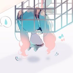 Rule 34 | 1girl, ahoge, aqua hair, bare shoulders, black legwear, black skirt, black sleeves, blouse, cage, chibi, commentary, detached sleeves, food, from behind, fuyuzuki gato, grey shirt, hair ornament, hatsune miku, highres, holding, holding food, holding spring onion, holding vegetable, long hair, master (vocaloid), motion lines, out of frame, outstretched arms, shadow, shirt, skirt, sleeveless, sleeveless shirt, spoken sweatdrop, spring onion, sweatdrop, twintails, twitter username, vegetable, very long hair, vocaloid, white background