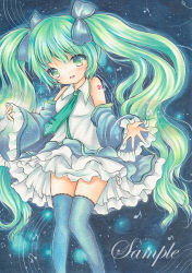 Rule 34 | 1girl, bad id, bad pixiv id, blush, bow, detached sleeves, frilled skirt, frills, green eyes, green hair, hair bow, hatsune miku, long hair, looking at viewer, marker (medium), matching hair/eyes, necktie, open mouth, ribbon, rui (sugar3), sample watermark, skirt, smile, solo, tattoo, thighhighs, traditional media, twintails, very long hair, vocaloid, watermark, zettai ryouiki