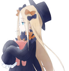 Rule 34 | 1girl, abigail williams (fate), black bow, bow, breasts, citron80citron, fate/grand order, fate (series), forehead, hair bow, highres, long hair, multiple hair bows, orange bow, parted bangs, sleeves past fingers, sleeves past wrists, smile, stuffed animal, stuffed toy, teddy bear