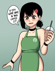 Rule 34 | 1girl, absurdres, apron, artist logo, black choker, black hair, blush, chainsaw man, choker, coffee cup, cup, disposable cup, green apron, green background, hair ornament, hairclip, higashiyama kobeni, highres, kermittend, looking at viewer, medium hair, naked apron, open mouth, short ponytail, simple background, single sidelock, solo, speech bubble, starbucks, sweat, swept bangs
