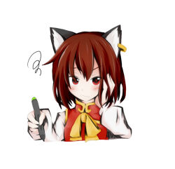 Rule 34 | 1girl, animal ear piercing, animal ears, blush, brown hair, cat ears, cat girl, chen, closed mouth, commentary request, confused, cropped torso, eyes visible through hair, hand in own hair, hand on own face, hand up, high collar, holding, holding stylus, kuroneko (kuroi-neko), long sleeves, looking at viewer, neck ribbon, partial commentary, red eyes, red vest, ribbon, shirt, short hair, simple background, solo, squiggle, stylus, touhou, upper body, vest, white background, white shirt, yellow ribbon