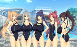 Rule 34 | 5girls, arms behind back, ass, blonde hair, blue eyes, blue hair, breasts, brown eyes, cleavage, competition school swimsuit, competition swimsuit, covered navel, flat chest, frown, goggles, goggles around neck, hair ribbon, highres, huge breasts, lane line, long hair, looking at viewer, multiple girls, nehani (tworship), odd one out, one-piece swimsuit, original, ponytail, pool, poolside, profile, red eyes, red hair, ribbon, school, school swimsuit, silver hair, smile, swimsuit, tworship