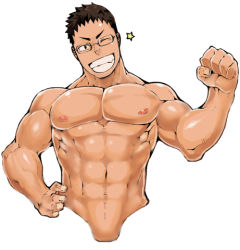 Rule 34 | 1boy, abs, bara, glasses, grin, happy, looking at viewer, lowres, male focus, muscular, naop, original, pectorals, topless male, simple background, smile, solo, teeth, torso, white background, wink