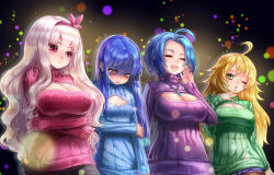 Rule 34 | 4girls, ahoge, blonde hair, blue hair, blush, breast envy, breast hold, breasts, cleavage, cleavage cutout, clothing cutout, closed eyes, green eyes, hairband, hoshii miki, idolmaster, idolmaster (classic), kisaragi chihaya, large breasts, long hair, meme attire, miura azusa, multiple girls, one eye closed, open-chest sweater, open mouth, ribbed sweater, shijou takane, silver hair, small breasts, smile, st.microscope, standing, sweater, turtleneck