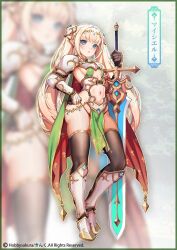 Rule 34 | 1girl, armor, armored boots, bikini armor, blonde hair, blue eyes, blush, boots, breasts, cape, elf, full body, gauntlets, highres, holding, holding sword, holding weapon, kink (tortoiseshell), long hair, navel, official art, original, pointy ears, revealing clothes, second-party source, shoulder armor, skindentation, small breasts, sword, thighhighs, tiara, very long hair, weapon, zoom layer