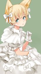 Rule 34 | 1girl, animal ears, blonde hair, blue eyes, blush, bow, dress, gloves, green background, hair bow, highres, kantai collection, kemonomimi mode, looking at viewer, luicent, parted lips, short hair, simple background, solo, white bow, white dress, white gloves, z1 leberecht maass (kancolle)