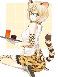 Rule 34 | 10s, 1girl, :o, animal ears, ankle boots, apron, bad id, bad twitter id, bare shoulders, black-framed eyewear, blonde hair, blush, boots, bow, bowtie, cake, cat ears, cat tail, chocolate cake, cup, drink, drinking glass, elbow gloves, eyelashes, food, from behind, fruit, full body, glasses, gloves, green eyes, grey footwear, hair between eyes, highres, holding, holding tray, ice, ice cube, kemono friends, leaf, looking at viewer, looking back, margay (kemono friends), margay print, o daizen, open mouth, outline, pleated skirt, ribbon, shirt, shoe soles, shoelaces, short hair, sitting, skirt, sleeveless, sleeveless shirt, solo, spotted hair, strawberry, sweets, tail, thighhighs, tray, tsurime, waitress, wariza, white apron, white outline, white shirt, zettai ryouiki