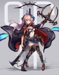 Rule 34 | 1girl, black thighhighs, blonde hair, blue skirt, breasts, cleavage, closed mouth, coat, eruthika, fantasy, floating hair, full body, green eyes, hair ornament, highres, holding, holding sword, holding weapon, jacket, jacket on shoulders, long hair, looking at viewer, medium breasts, original, pleated skirt, rapier, skirt, smile, solo, standing, sword, thighhighs, weapon