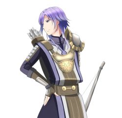 Rule 34 | 1boy, arrow (projectile), bow (weapon), fingerless gloves, fire emblem, fire emblem echoes: shadows of valentia, gloves, hand on own hip, kakiko210, leon (fire emblem echoes), long hair, looking to the side, makeup, male focus, nintendo, purple eyes, purple hair, quiver, simple background, solo, upper body, weapon, white background