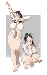Rule 34 | 1girl, barefoot, black eyes, breasts, brown hair, cleavage, closed mouth, commentary, english commentary, glasses, high ponytail, highres, large breasts, no pants, olverse, original, panties, poch4n, signature, squatting, stretching, timid office lady (poch4n), underwear, white panties