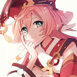 Rule 34 | 1girl, annerica, antlers, bare shoulders, blush, breasts, cleavage, cleavage cutout, clothing cutout, genshin impact, green eyes, hair ornament, hat, highres, horns, long sleeves, pink hair, red hat, small breasts, smile, solo, twitter username, wide sleeves, yanfei (genshin impact)