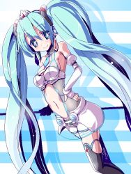 Rule 34 | 1girl, elbow gloves, fingerless gloves, gloves, goodsmile racing, hand on own hip, hatsune miku, long hair, miuku (marine sapphire), navel, race queen, racing miku, racing miku (2012), skirt, smile, solo, striped, striped background, thighhighs, twintails, very long hair, vocaloid