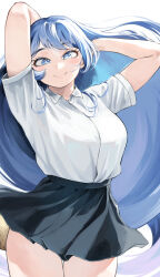 Rule 34 | 1girl, absurdres, blue eyes, blue hair, boku no hero academia, breasts, bright pupils, closed mouth, collared shirt, fengling (furin-jp), hadou nejire, highres, large breasts, long hair, looking at viewer, shirt, short sleeves, simple background, skirt, smile, solo, thighs, very long hair, white background, white pupils, white shirt