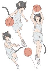 Rule 34 | 1girl, animal ears, ball, basketball, basketball (object), cat ears, cat tail, female focus, jumping, mogumo, multiple views, open mouth, original, playing sports, running, shoes, shorts, sneakers, sweat, tail, white background