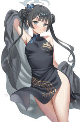 Rule 34 | 1girl, bare shoulders, black dress, black hair, blue archive, blush, braid, braided bun, breasts, butterfly hair ornament, china dress, chinese clothes, coat, double bun, dragon print, dress, grey eyes, hair bun, hair ornament, halo, highres, kisaki (blue archive), long hair, looking at viewer, oshage (osyage921), pelvic curtain, solo, striped coat, thighs
