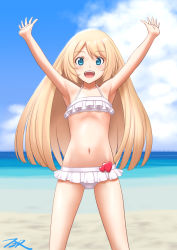 Rule 34 | 1girl, arms up, artist name, badge, beach, bikini, blonde hair, blue eyes, blue sky, cloud, collarbone, commentary request, cowboy shot, day, flat chest, frilled bikini, frills, heart, highres, jervis (kancolle), kantai collection, long hair, looking at viewer, navel, outdoors, sky, smile, solo, standing, swimsuit, t2r, white bikini