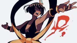 Rule 34 | 1girl, 2018, ankh, arms up, black hair, blood, blood splatter, blue eyes, bob cut, breasts, dark skin, dark-skinned female, eliza (skullgirls), glowing, glowing eyes, grey background, highres, large breasts, looking at viewer, looking down, nail polish, open mouth, red nails, shaded face, short hair, skullgirls, solo, tiara, tongue, ungly, upper body, wrist guards