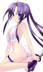 Rule 34 | 1girl, ass, bare shoulders, blush, body blush, breasts, casual one-piece swimsuit, cleavage, katana, kneeling, large breasts, long hair, one-piece swimsuit, ponytail, purple hair, saibashi, sandals, shiny skin, solo, swimsuit, sword, thigh strap, weapon, white one-piece swimsuit