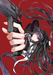 Rule 34 | 1girl, absurdres, aiming, akemi homura, arisu (wangyunqiu), black hair, black hairband, black pantyhose, bow, capelet, closed mouth, desert eagle, dutch angle, expressionless, eyelashes, eyes visible through hair, fingernails, floating hair, grey capelet, grey skirt, gun, hairband, handgun, highres, holding, holding gun, holding weapon, legs together, lips, long hair, long sleeves, looking at viewer, mahou shoujo madoka magica, mahou shoujo madoka magica (anime), neck ribbon, outline, outstretched hand, pantyhose, perspective, pleated skirt, purple bow, purple eyes, purple ribbon, red background, red outline, ribbon, simple background, skirt, solo, tareme, very long hair, waist bow, weapon