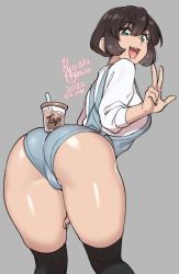 Rule 34 | 1girl, agawa ryou, artist name, ass, black thighhighs, bob cut, breasts, brown hair, bubble tea, bubble tea challenge, commentary, cup, dated, disposable cup, drinking straw, english commentary, feet out of frame, from behind, green eyes, grey background, hair between eyes, hand on own leg, looking at viewer, medium breasts, numbered, open mouth, original, over-kneehighs, overalls, round teeth, shirt, short hair, simple background, sleeves past elbows, solo, standing, teeth, thighhighs, upper teeth only, v, white shirt