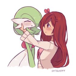 Rule 34 | 2girls, ^ ^, arm up, artist name, bellavoirr, blush, bob cut, brown cardigan, brown eyes, brown hair, cardigan, closed eyes, colored skin, creatures (company), cropped torso, female focus, flat chest, from side, game freak, gardevoir, gen 3 pokemon, green hair, green skin, hair ornament, hair over one eye, hairband, hairclip, hand on another&#039;s cheek, long hair, long sleeves, looking at another, matching hair/eyes, multicolored skin, multiple girls, nintendo, open cardigan, open clothes, open mouth, original, pink hairband, pink shirt, pokemon, pokemon (creature), pokephilia, profile, shirt, short hair, sidelocks, sideways mouth, signature, simple background, sketch, smile, sofia (bellavoirr), standing, two-tone skin, upper body, v arms, white background, white skin, yuri