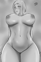Rule 34 | 1girl, absurdres, arms behind back, blush, breasts, cleft of venus, grey background, greyscale, highres, iris art, large breasts, looking away, monochrome, monster girl, monster musume no iru nichijou, navel, nipples, nude, rachnera arachnera, short hair, signature, simple background, solo, tagme