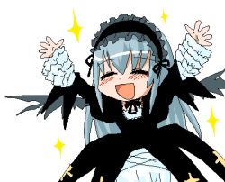 Rule 34 | 00s, 1girl, :d, = =, arms up, black dress, black ribbon, blush, choker, closed eyes, cross, dress, frilled sleeves, frills, gothic lolita, hairband, hida naria, lolita fashion, lolita hairband, long hair, lowres, nalia, open mouth, puffy short sleeves, puffy sleeves, ribbon, ribbon choker, rozen maiden, short sleeves, simple background, smile, solo, sparkle, suigintou, white background, wings